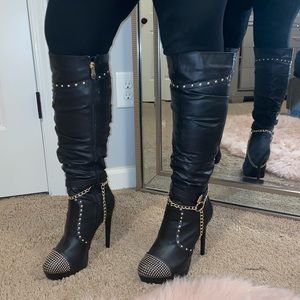 Gold Studded Chain Knee High Boots